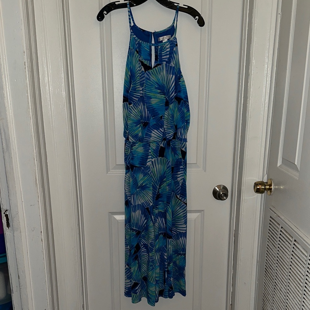 London Times Blue Tropical Halter Maxi Dress